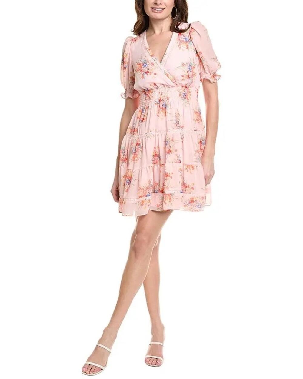 Taylor Fooral Tiered Short Sleeve A Line Dress Size 12 Pink Multicolor